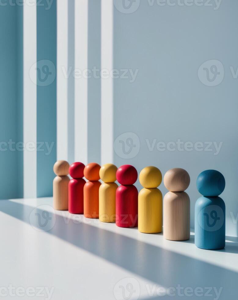 A row of colorful wooden people in front of a wall photo