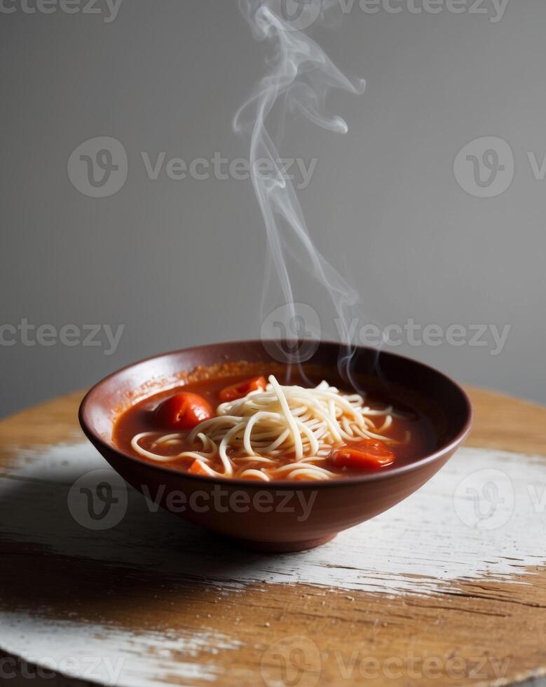 A bowl of spaghetti with tomato sauce and smoke photo