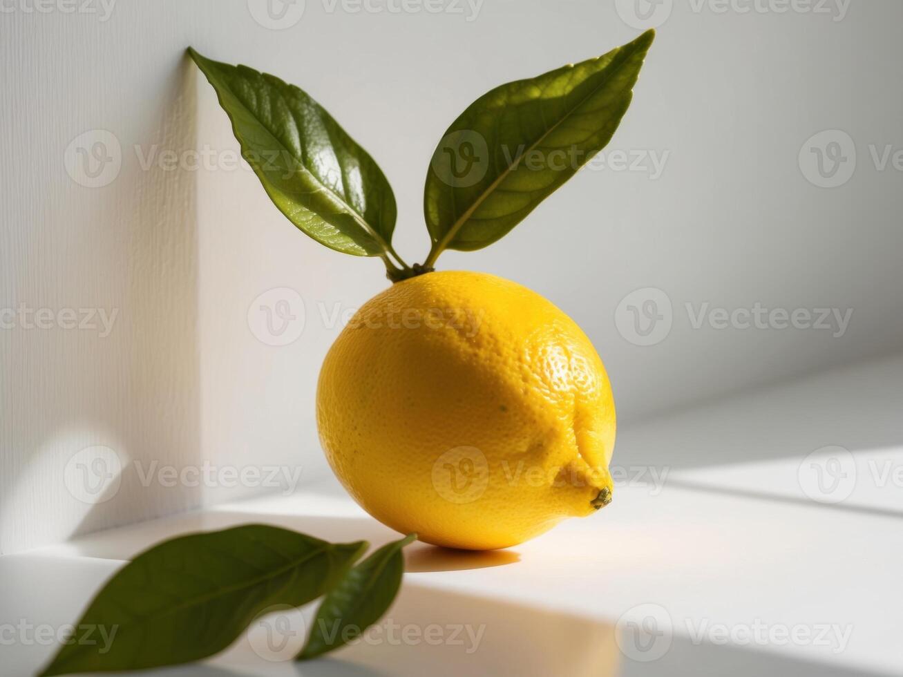 A lemon with leaves on it sitting on a white surface photo