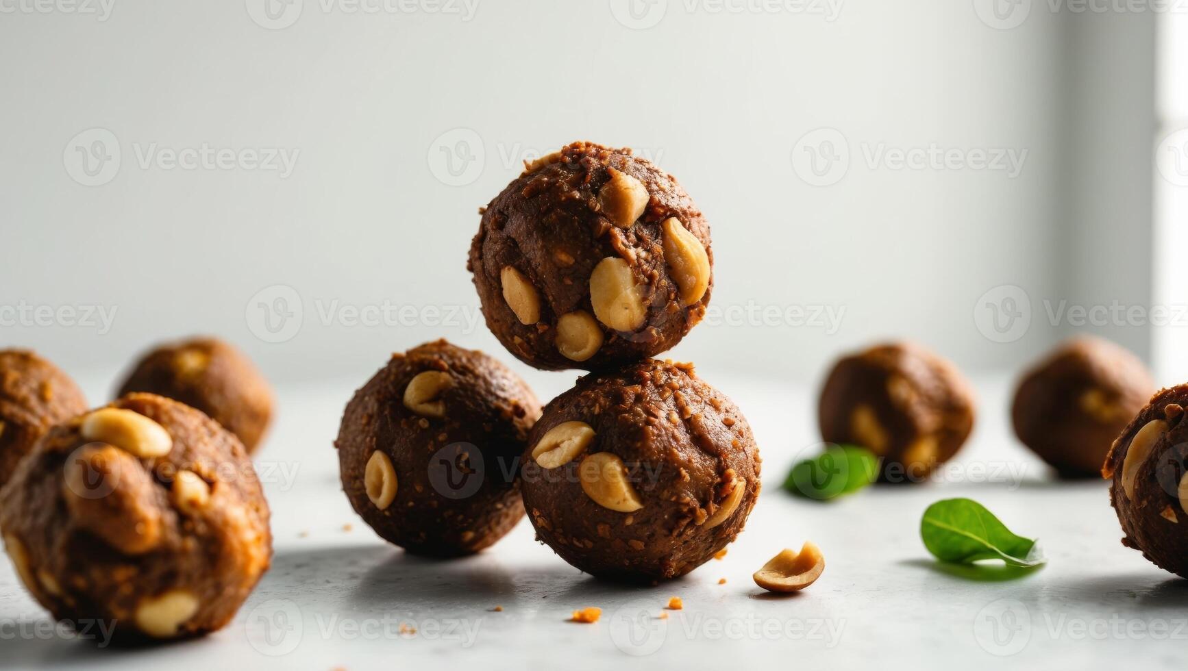 Chocolate balls with nuts and leaves on a table photo