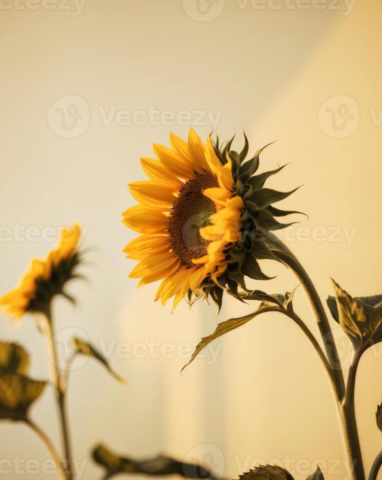 Two sunflowers are shown in front of a yellow background photo