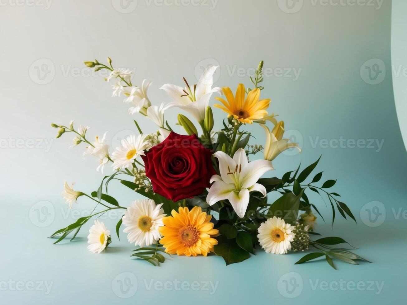 A bouquet of flowers on a blue background photo