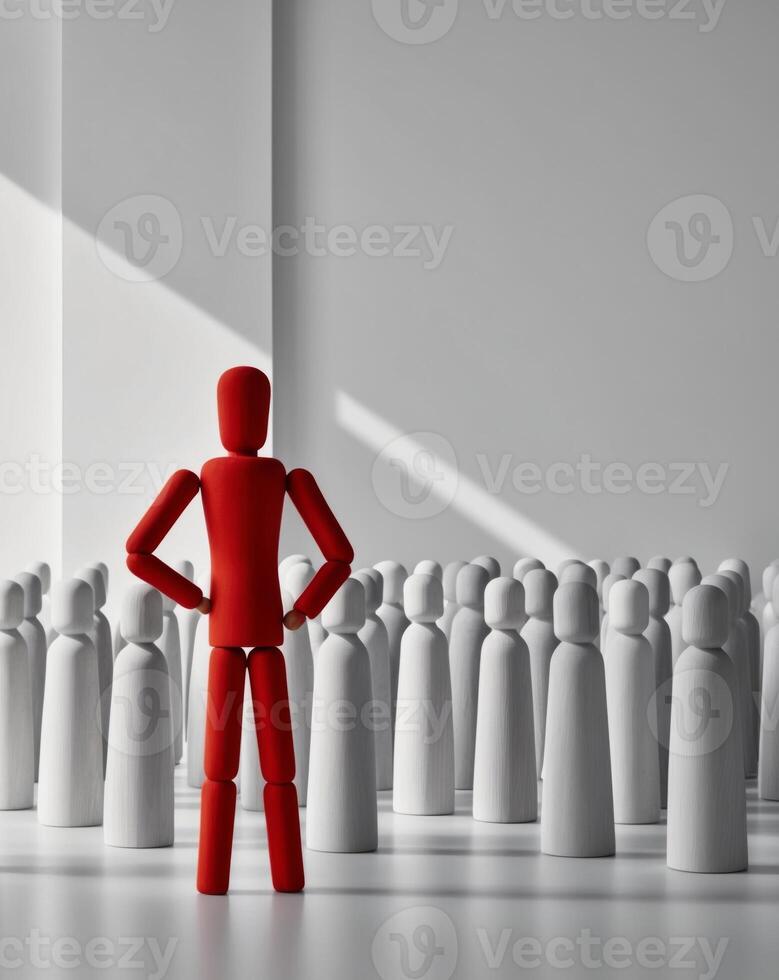 A red man stands in front of a crowd of white people photo
