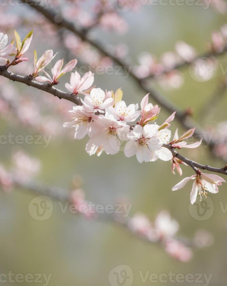 A branch of a cherry tree with white flowers photo