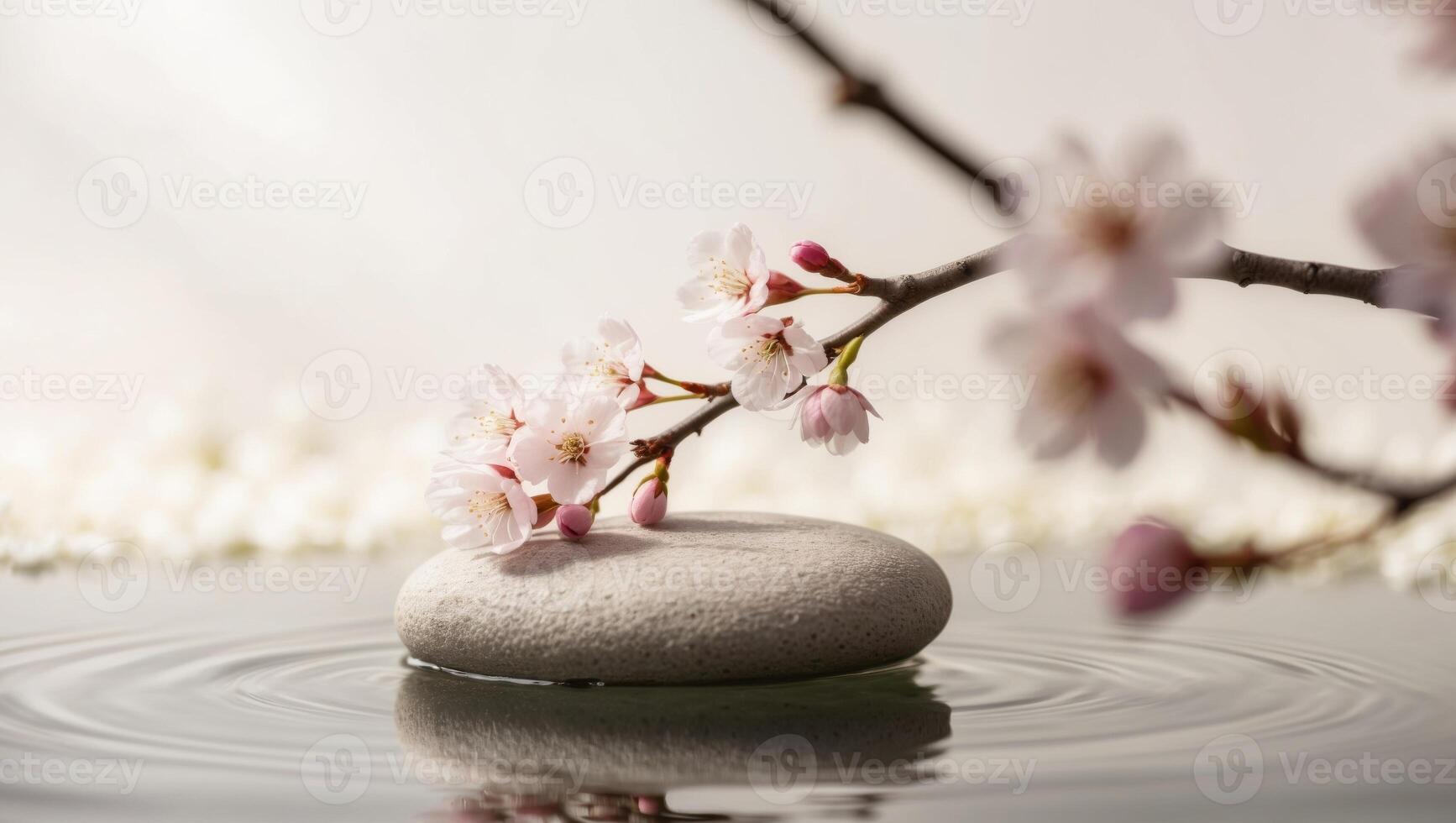 A stone with a cherry blossom on top of it in water photo