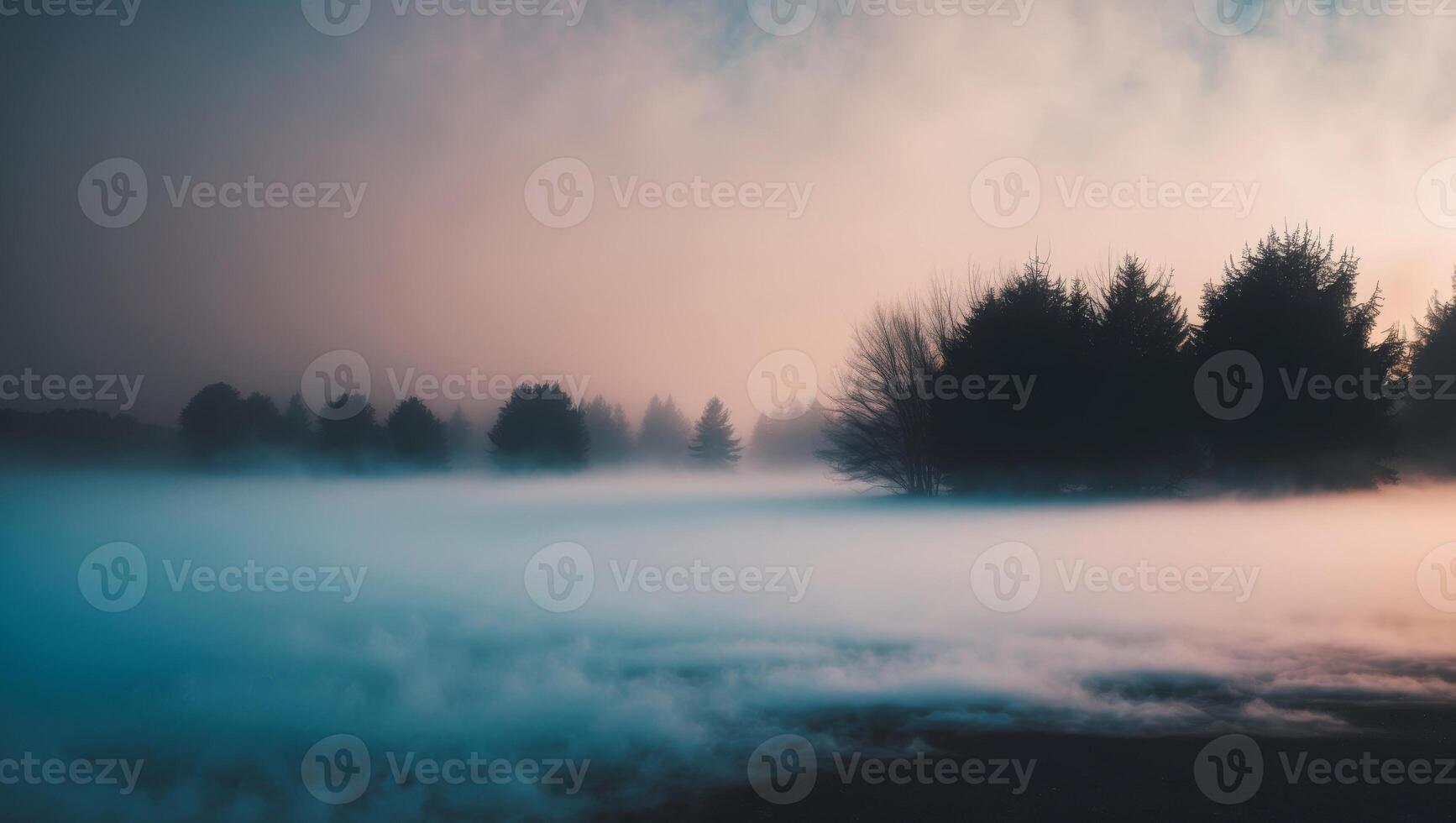 A foggy landscape with trees and fog photo