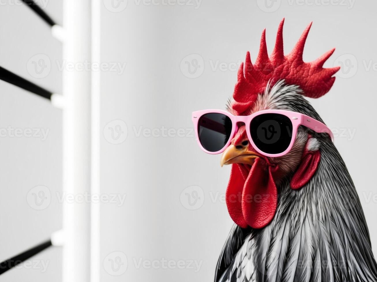 A rooster wearing pink sunglasses photo