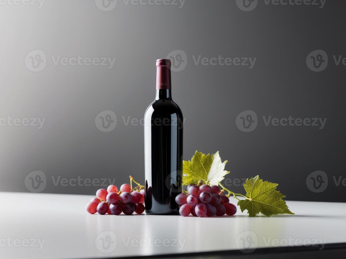 A bottle of wine and grapes on a table photo