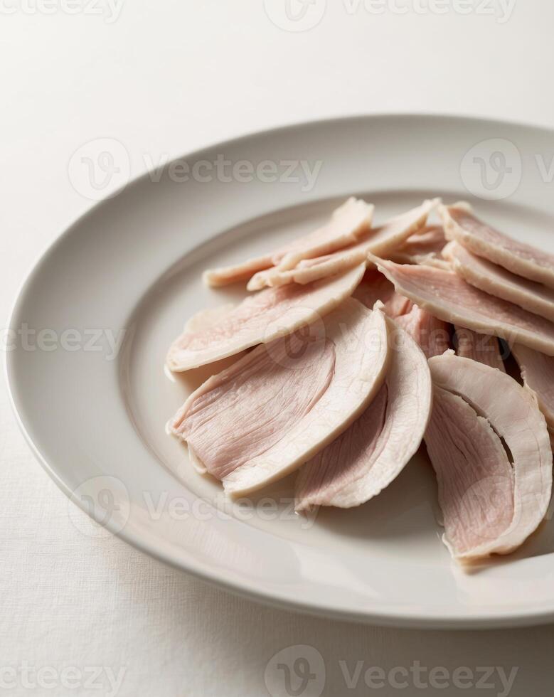 A white plate with sliced turkey on it photo