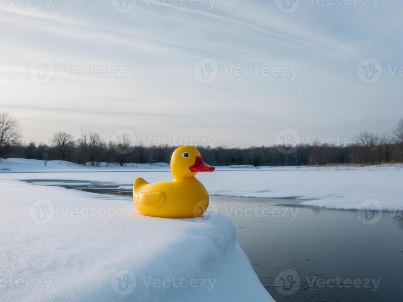 A rubber duck sits on top of a snowy bank photo