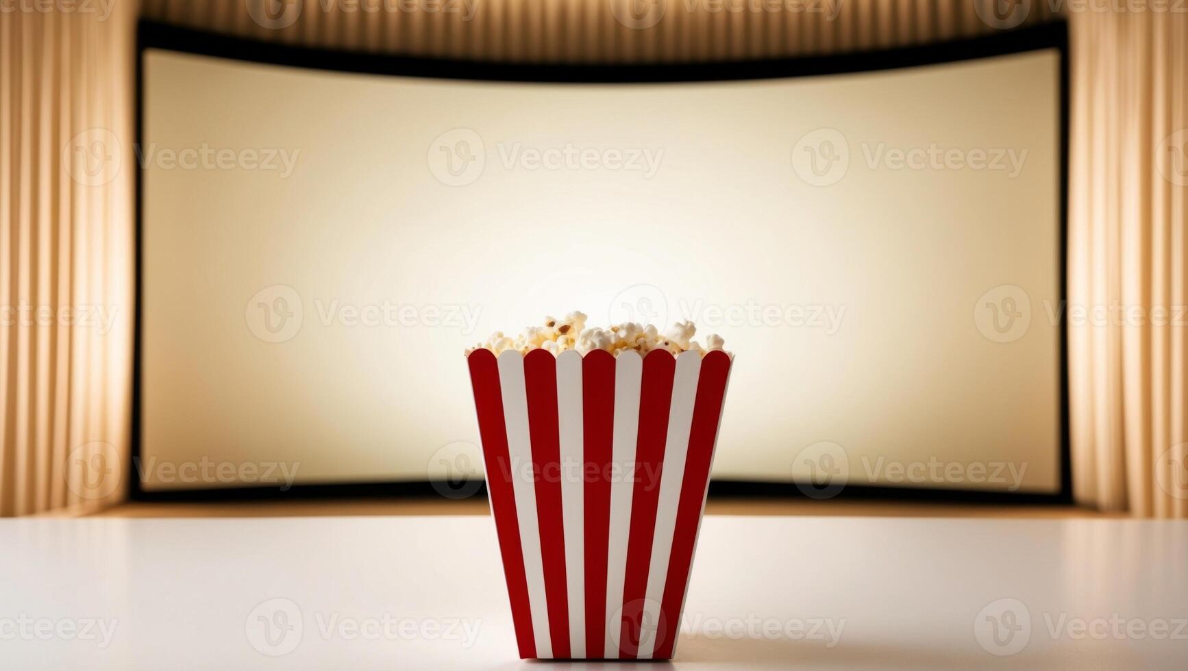 Popcorn in a red and white striped box on a table photo