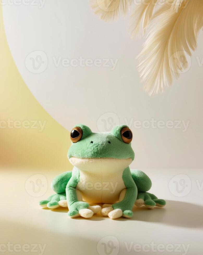 A frog sitting on a white table with a palm tree in the background photo