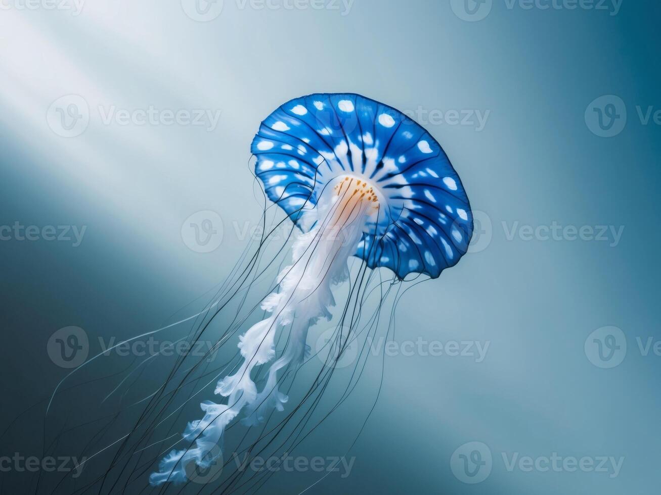 A jellyfish floating in the ocean with blue and white spots photo