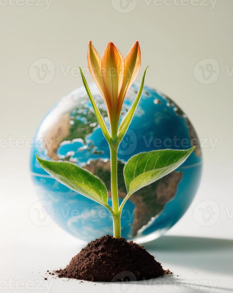 Earth globe with flower and soil concept photo