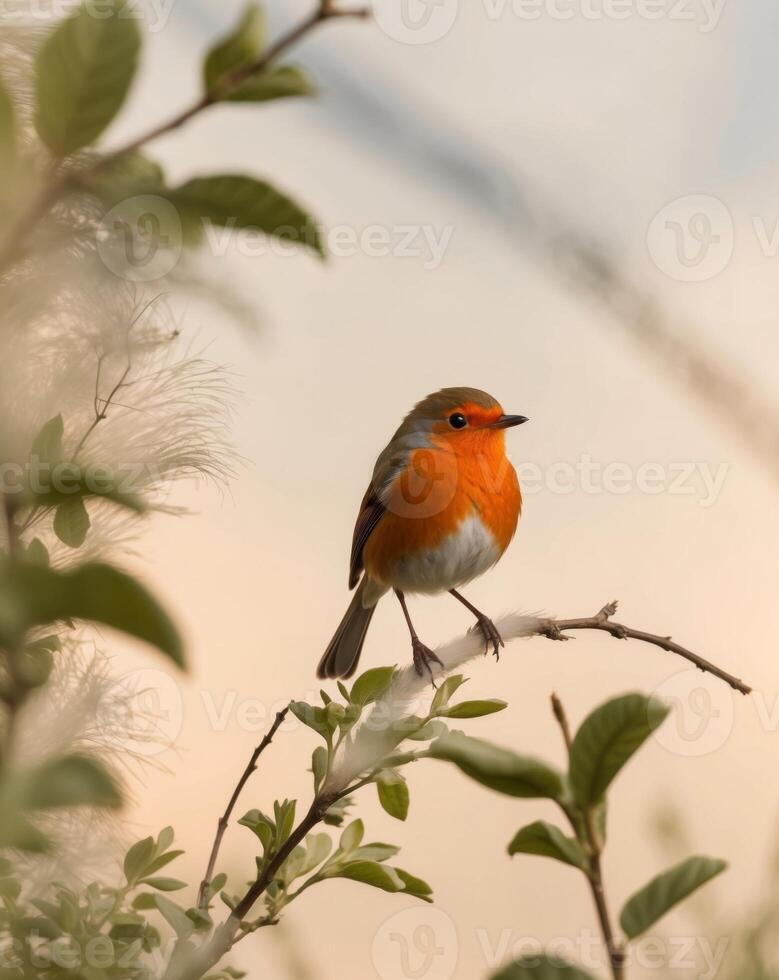 A small red bird is sitting on a branch photo