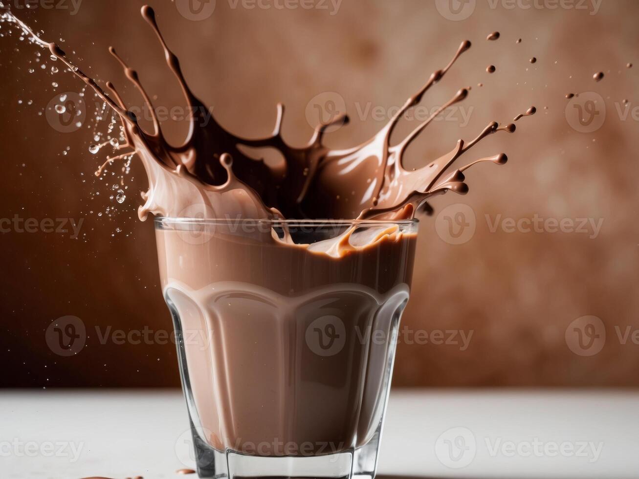 Chocolate splash in glass of milk photo