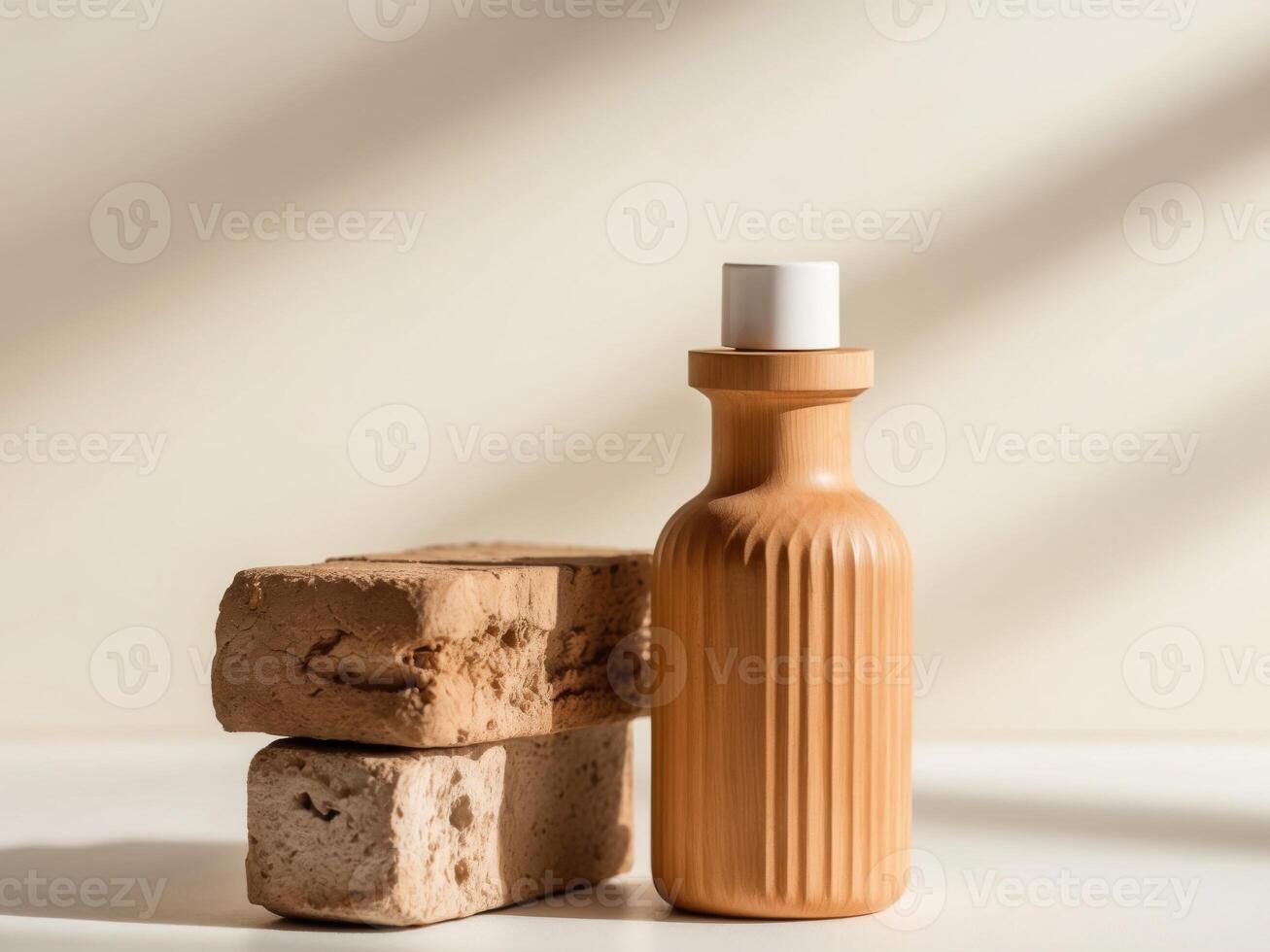 A bottle of soap and two bricks on a white surface photo