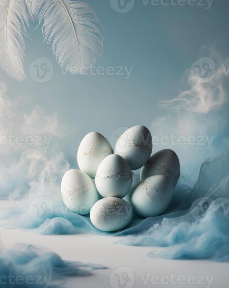 A group of white eggs with feathers on a blue background photo