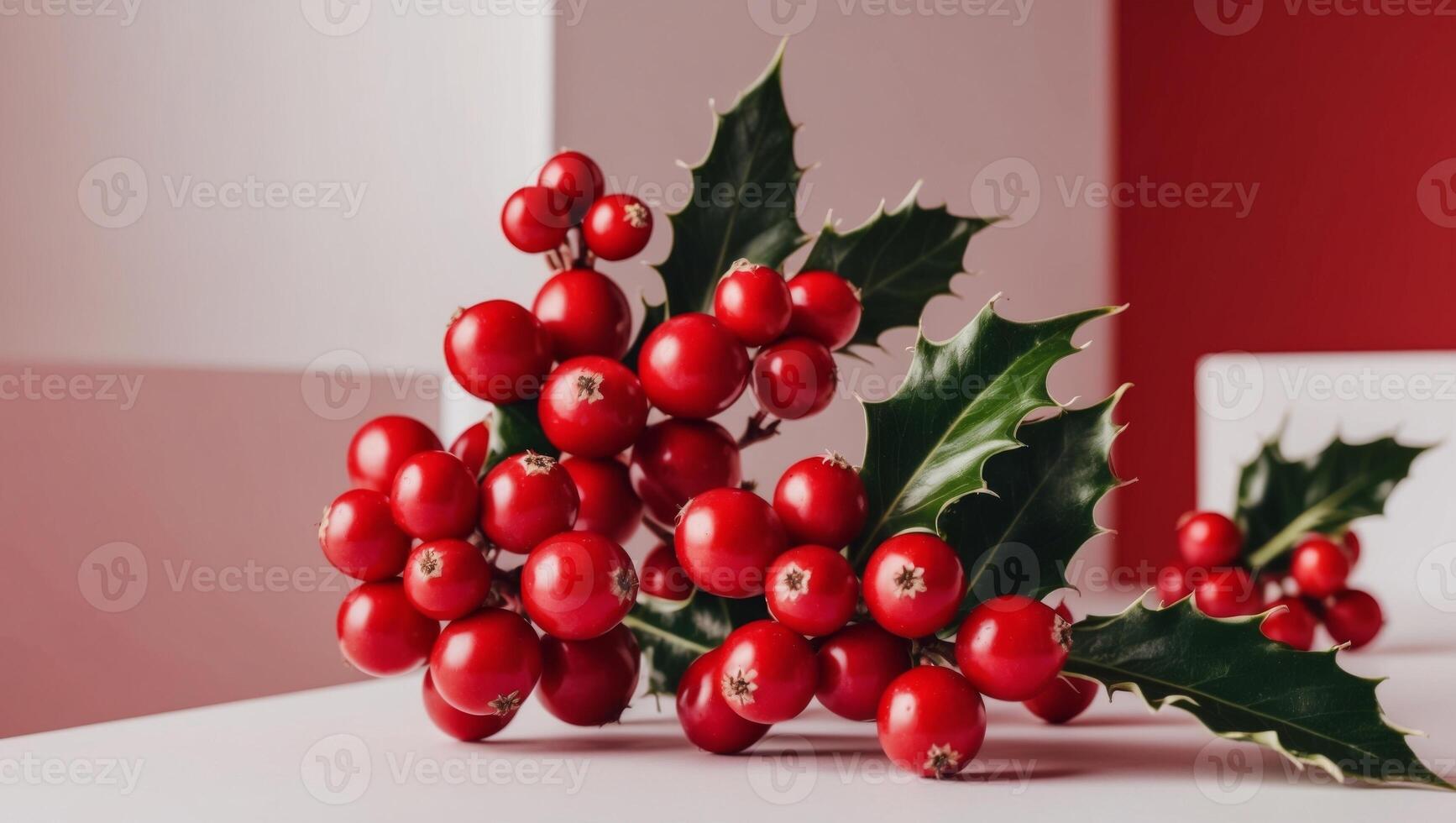 Red berries on a white table with red and white background photo