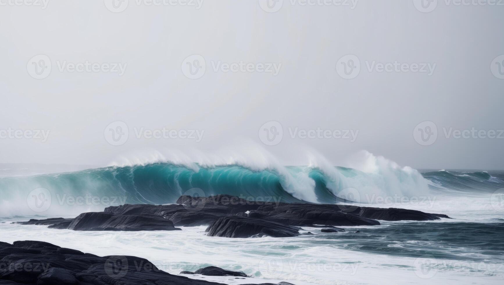 A large wave breaking on the rocks photo