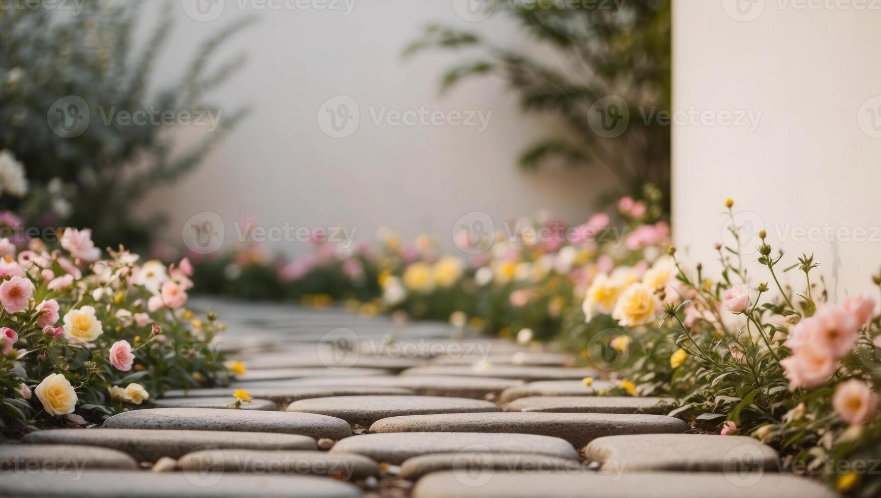 Stone path with flowers in the garden photo