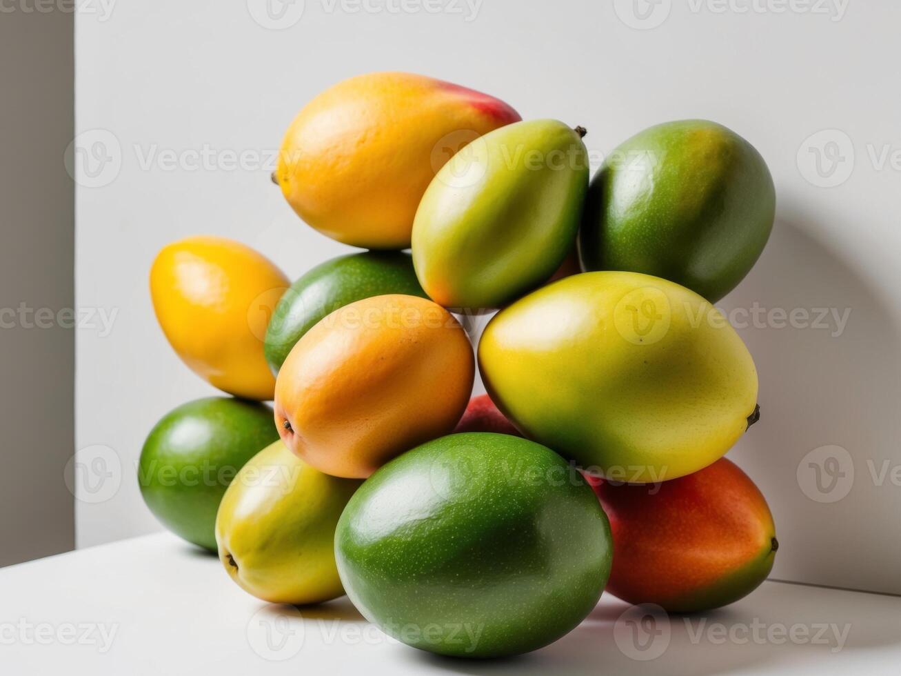 A bunch of mangos on a white surface photo
