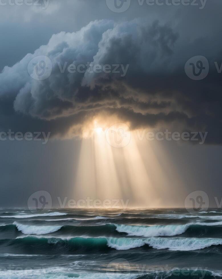 A stormy sea with sunbeams shining through the clouds photo