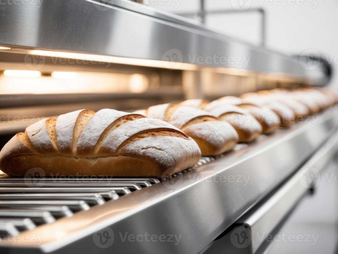 Bread on conveyor belt in bakery photo