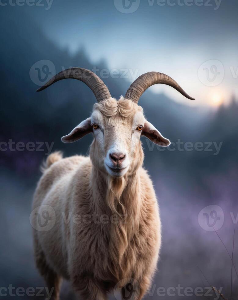 A goat with long horns standing in a foggy field photo