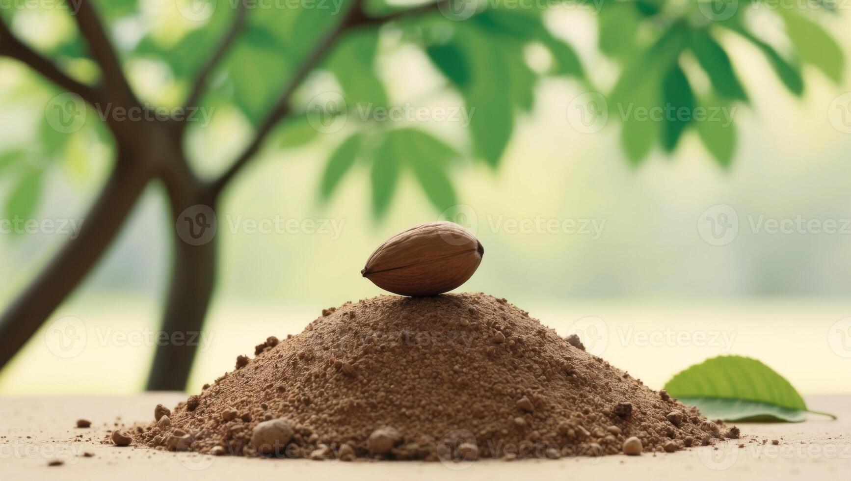 Nutmeg powder on a wooden table with a tree in the background photo