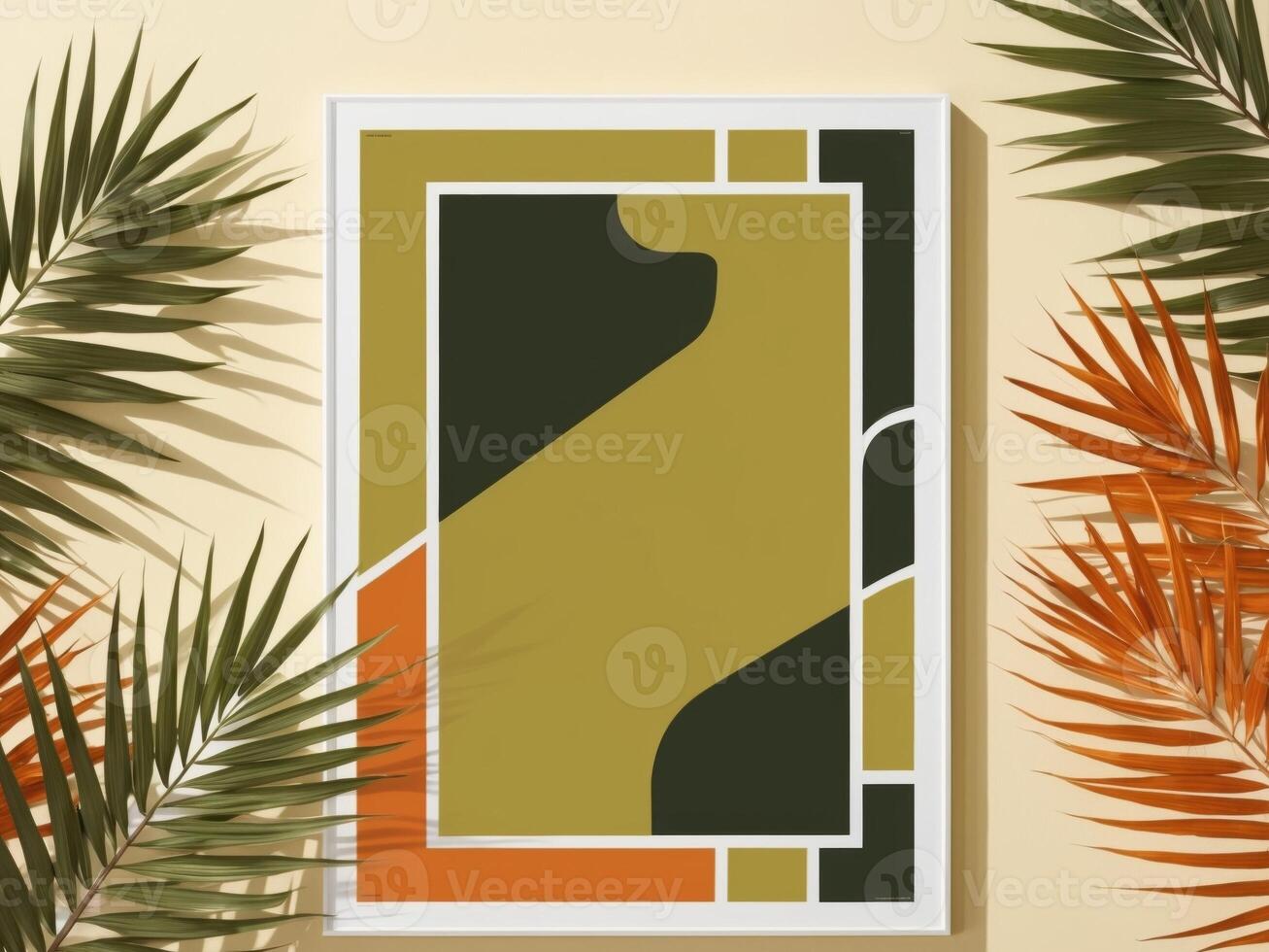 A green and orange abstract art print on a wall photo