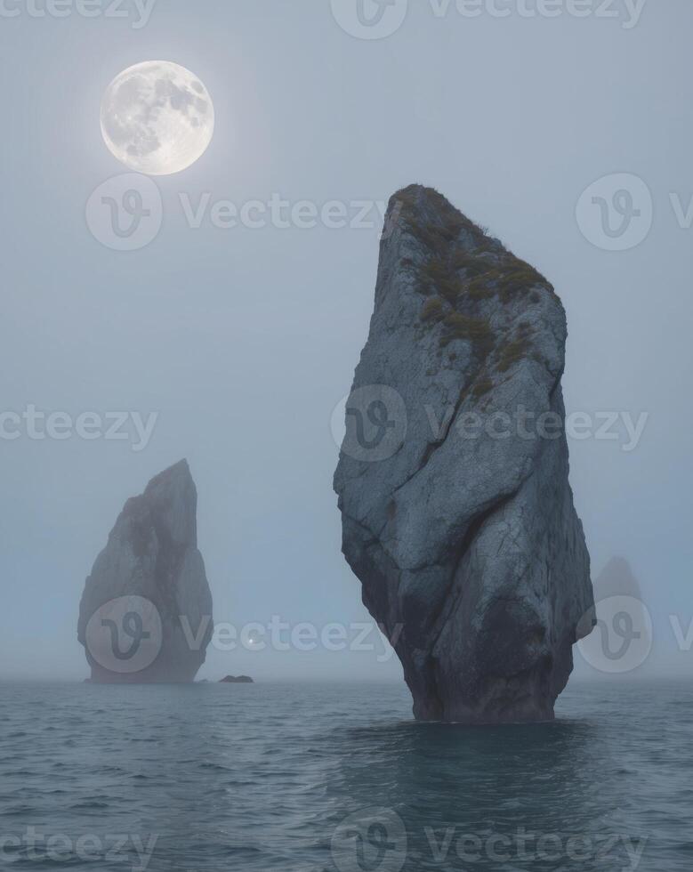 Moonrise over the rock formations in the ocean photo