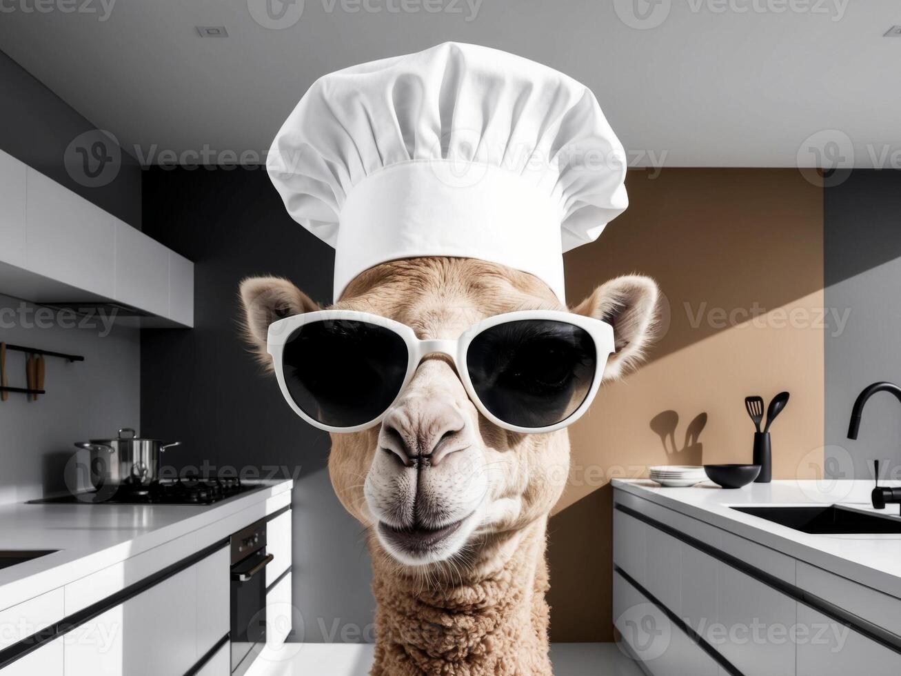 A llama wearing a chef hat and sunglasses in a kitchen photo