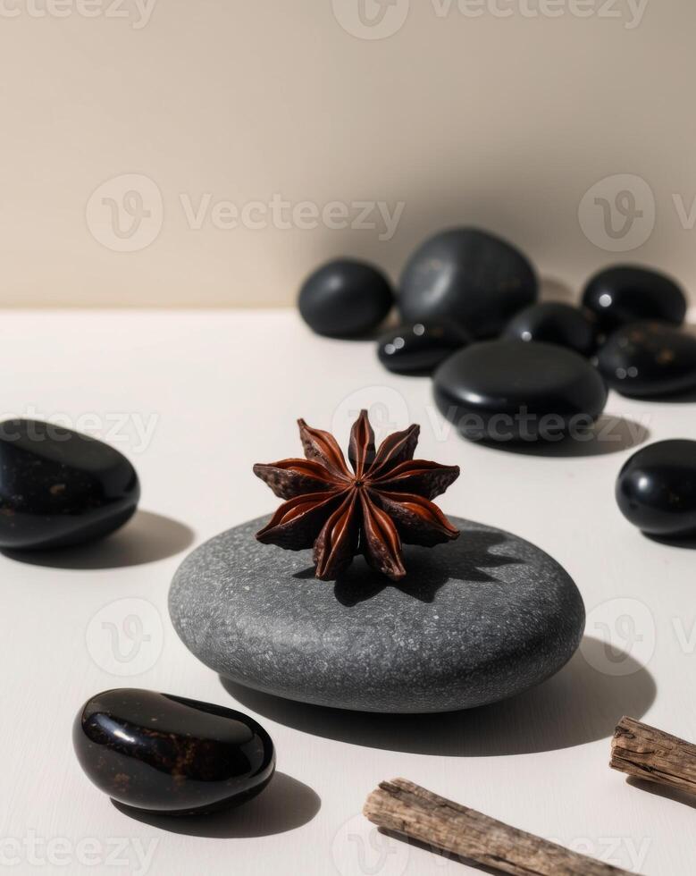 Spa stones and an anise star on a white surface photo