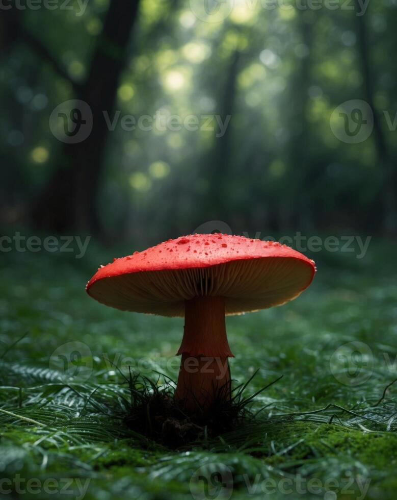 A red mushroom is standing in the middle of a forest photo
