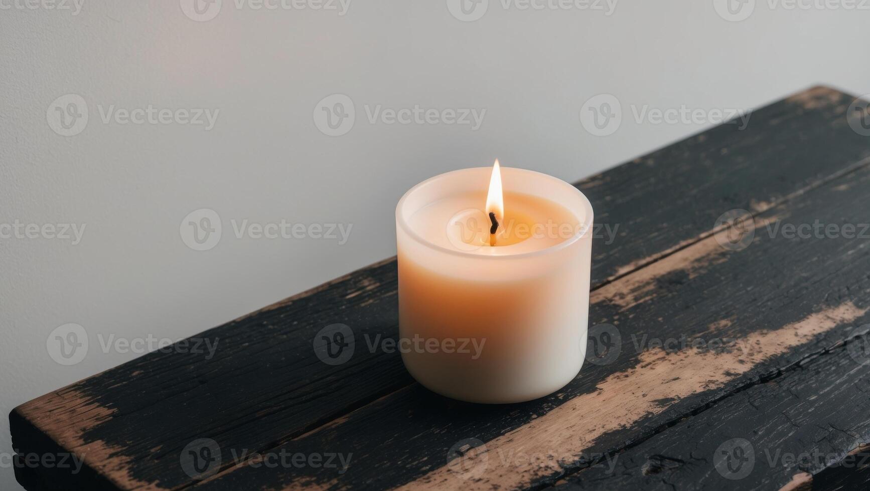 A single candle sitting on a wooden table photo