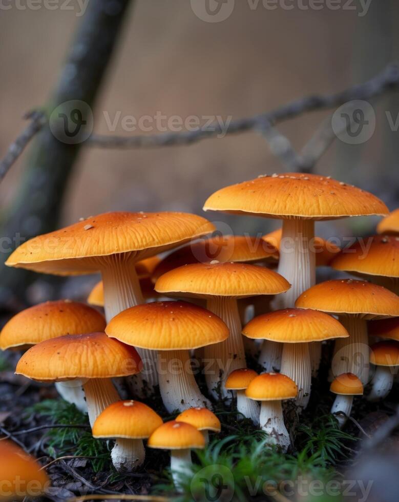 A group of orange mushrooms in the forest photo