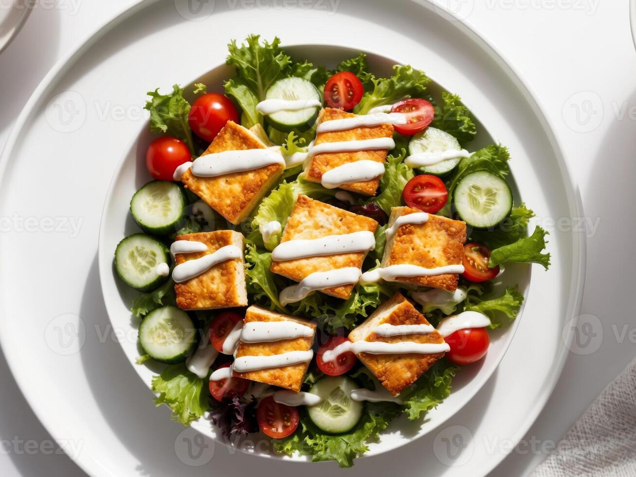 A salad with tofu, cucumbers, tomatoes and dressing photo
