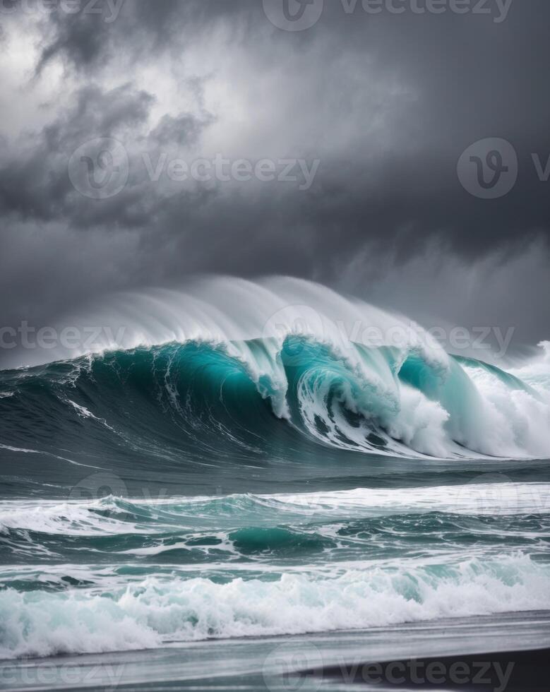 A large wave breaking on the beach with dark clouds photo