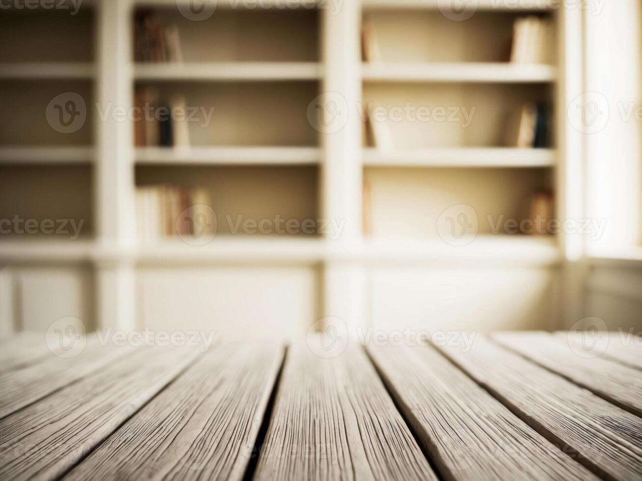 Empty wooden table in front of bookshelves photo