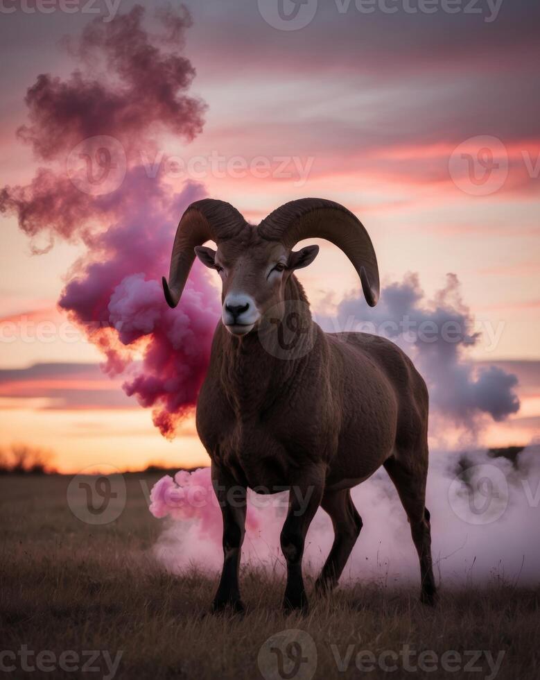 A ram with smoke coming out of its horns photo