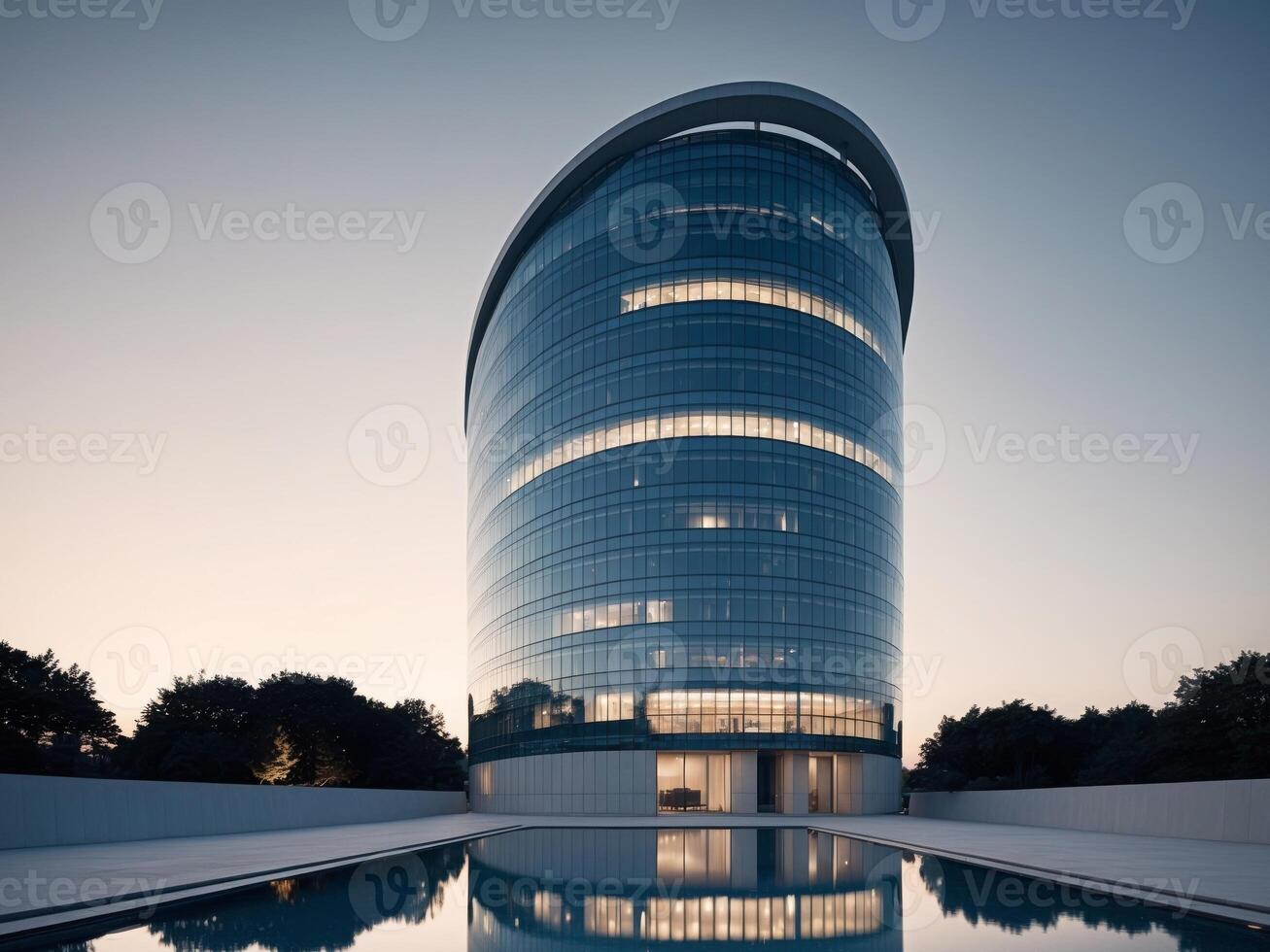 A building with a large glass window and a pool photo