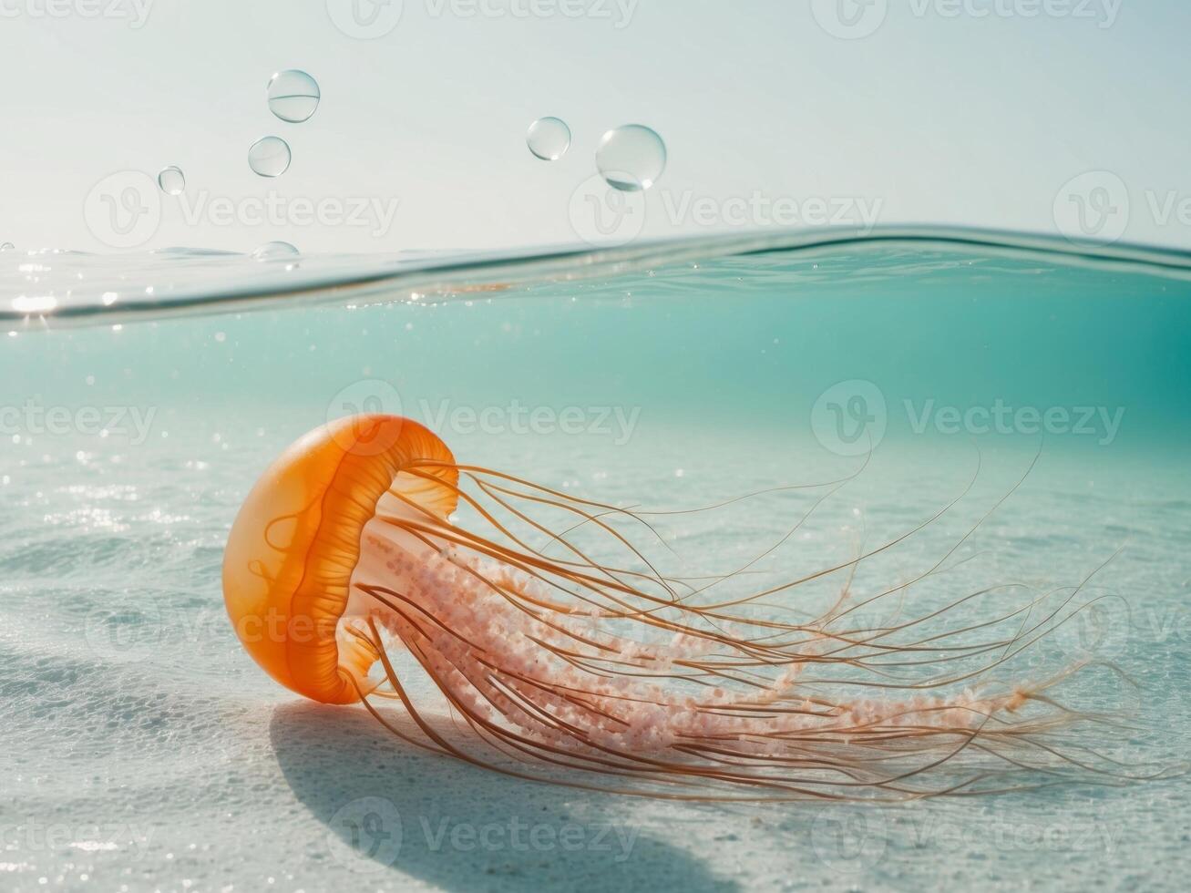 A jellyfish floating in the ocean with bubbles photo
