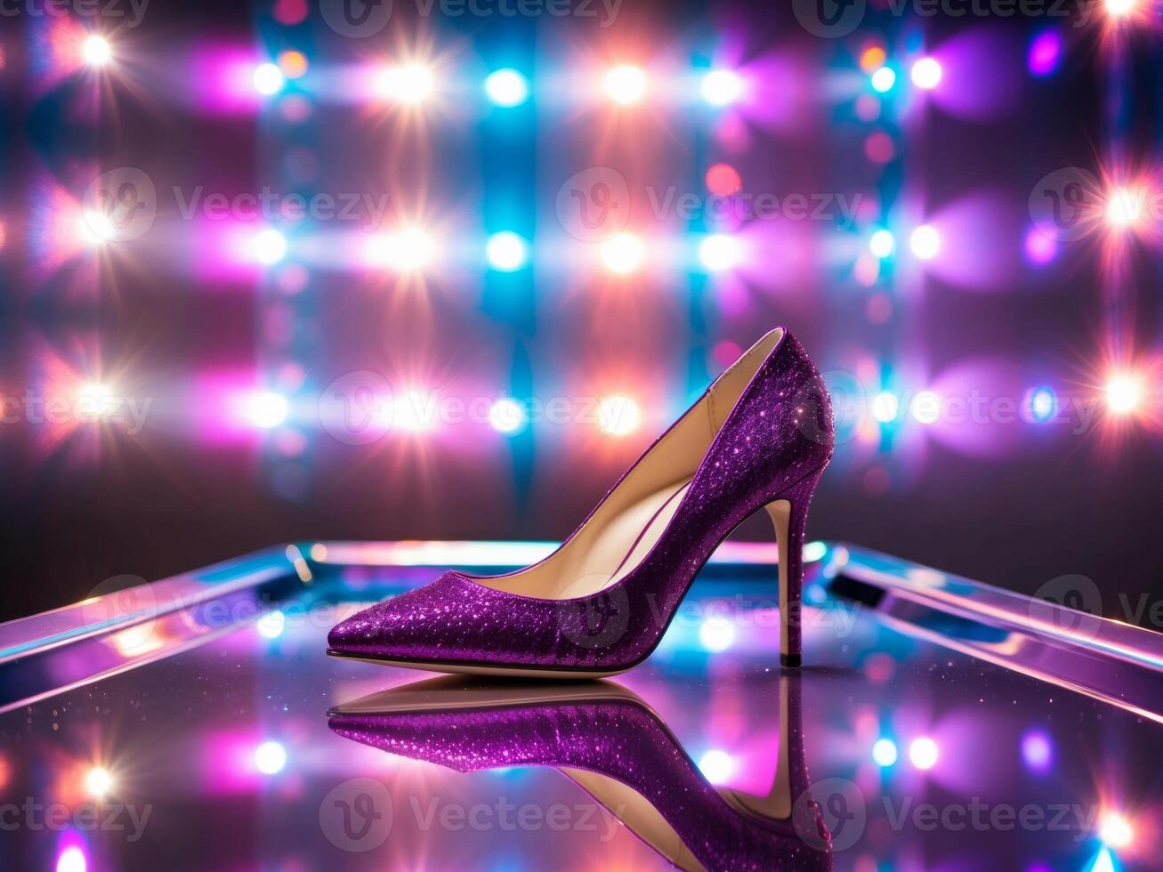 Purple high heeled shoe on a table with lights photo