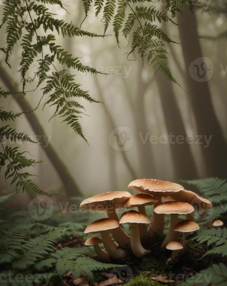 Mushrooms in the forest with ferns and trees photo