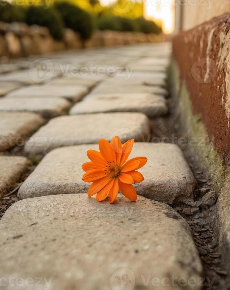 Orange flower on cobblestone path photo