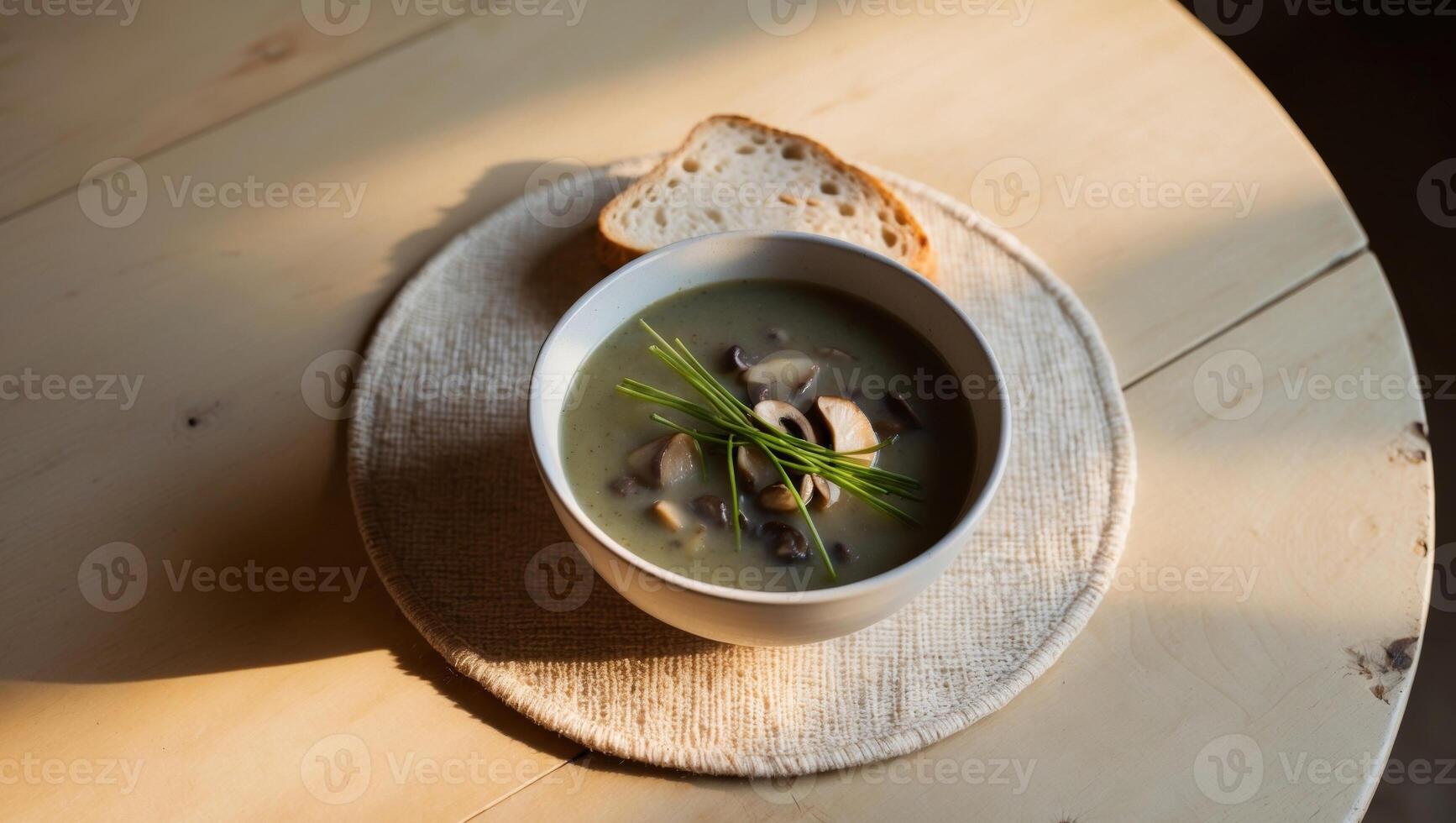 A bowl of soup with mushrooms and bread on a table photo