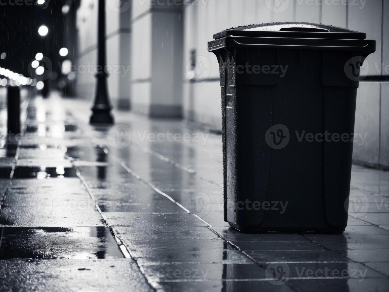 Black and white photo of trash can on wet street