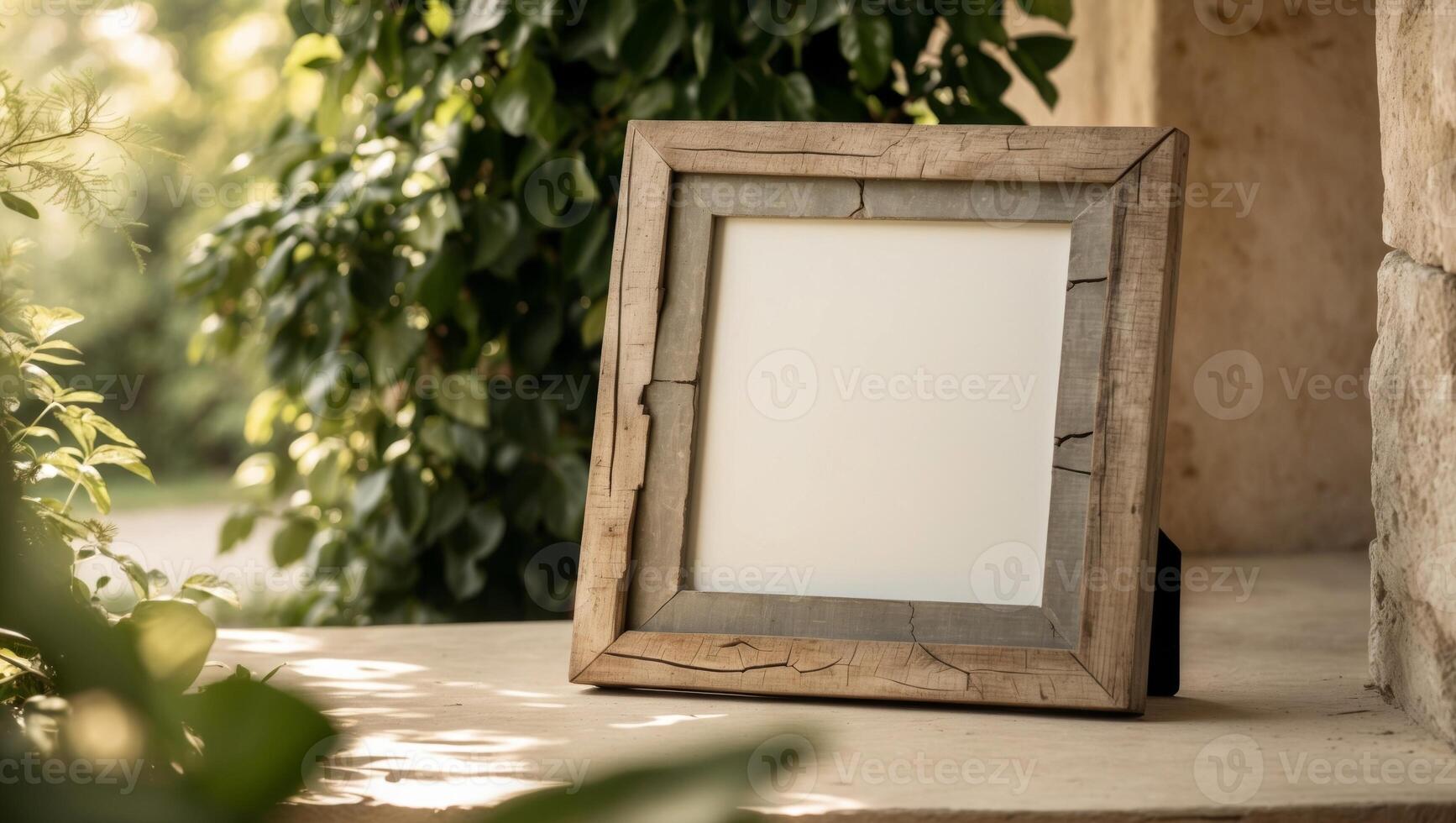 A wooden frame sitting on a stone ledge photo