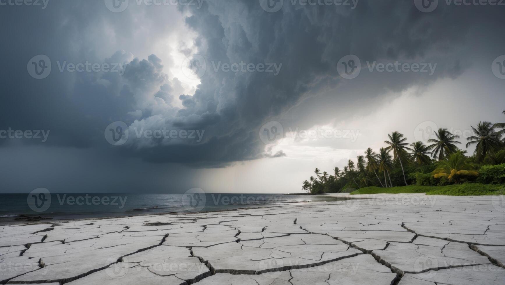 A stormy sky over a beach with palm trees photo